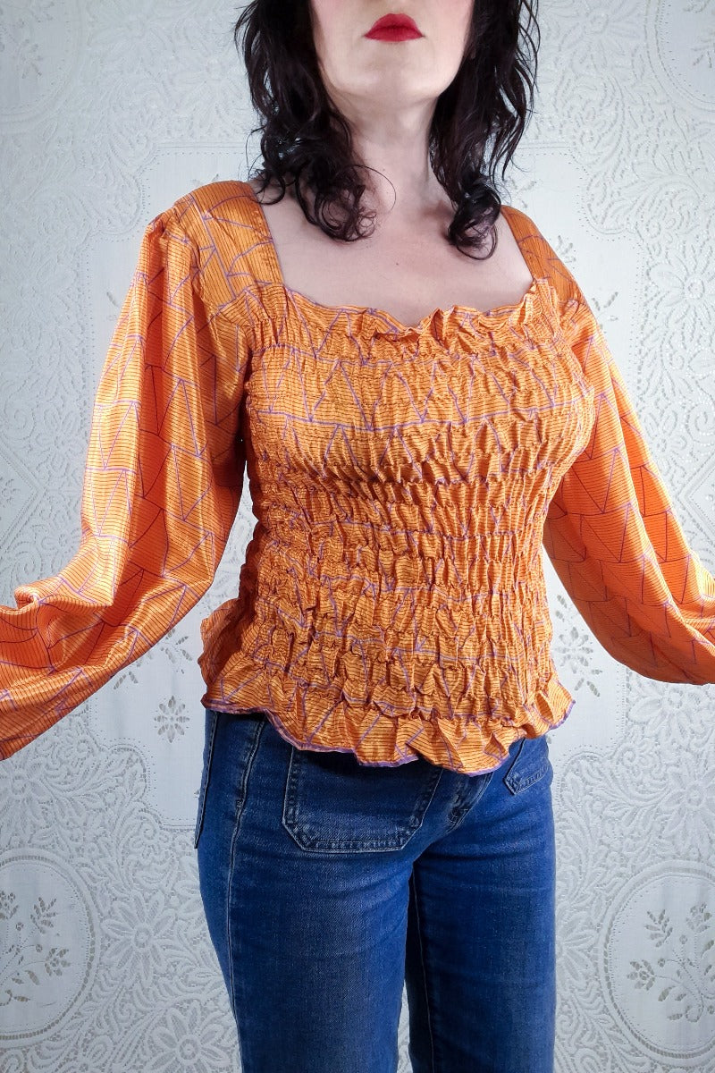 Pearl Top - Papaya Orange & Violet Tile Print - Vintage Indian Sari - S/M By All About Audrey