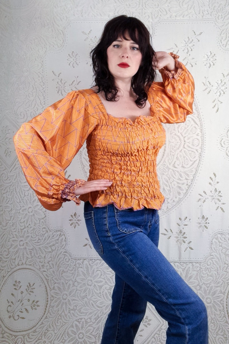 Pearl Top - Papaya Orange & Violet Tile Print - Vintage Indian Sari - S/M By All About Audrey