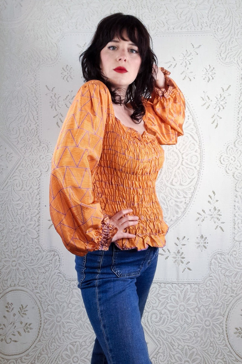 Pearl Top - Papaya Orange & Violet Tile Print - Vintage Indian Sari - S/M By All About Audrey