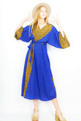 Aquaria recycled sari boho kimono dress in navy & antique gold with a paisley print, wide sleeves and a matching belt - All About Audrey