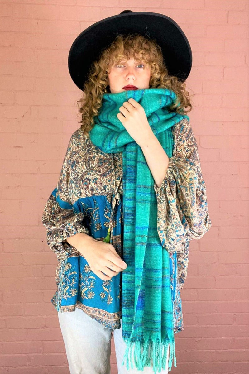seafoam blue recycled indian shawl shown wrapped around model's neck - All About Audrey