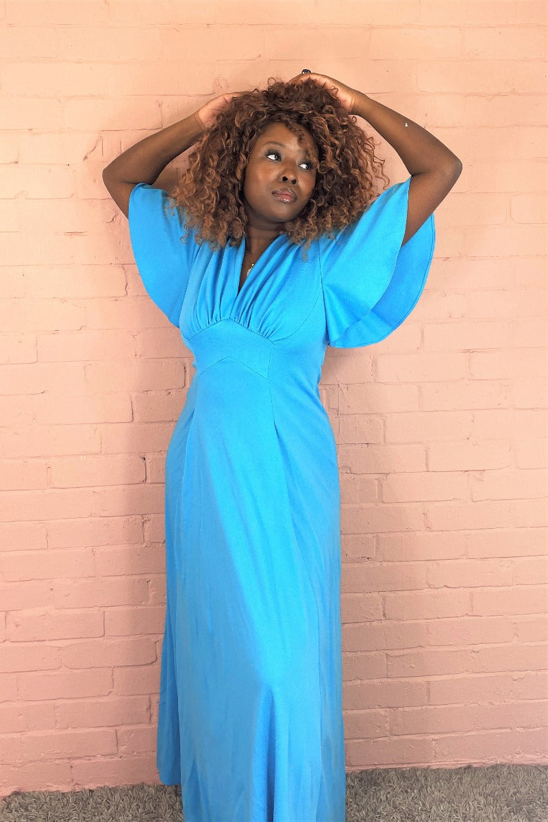 Vintage 70’s Dress - Olympic Blue Empire Line Angel Sleeve Maxi - Size S By All About Audrey