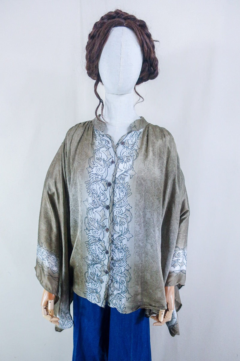 Ophelia Blouse - Cedar Wood Brown Graphic - Vintage Sari - Free Size by all about audrey