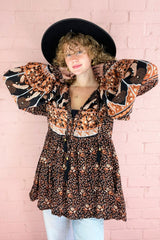Peacock Prairie Bohemian Smock Top - Jet Black & Terracotta Rayon - ALL SIZES by All About Audrey