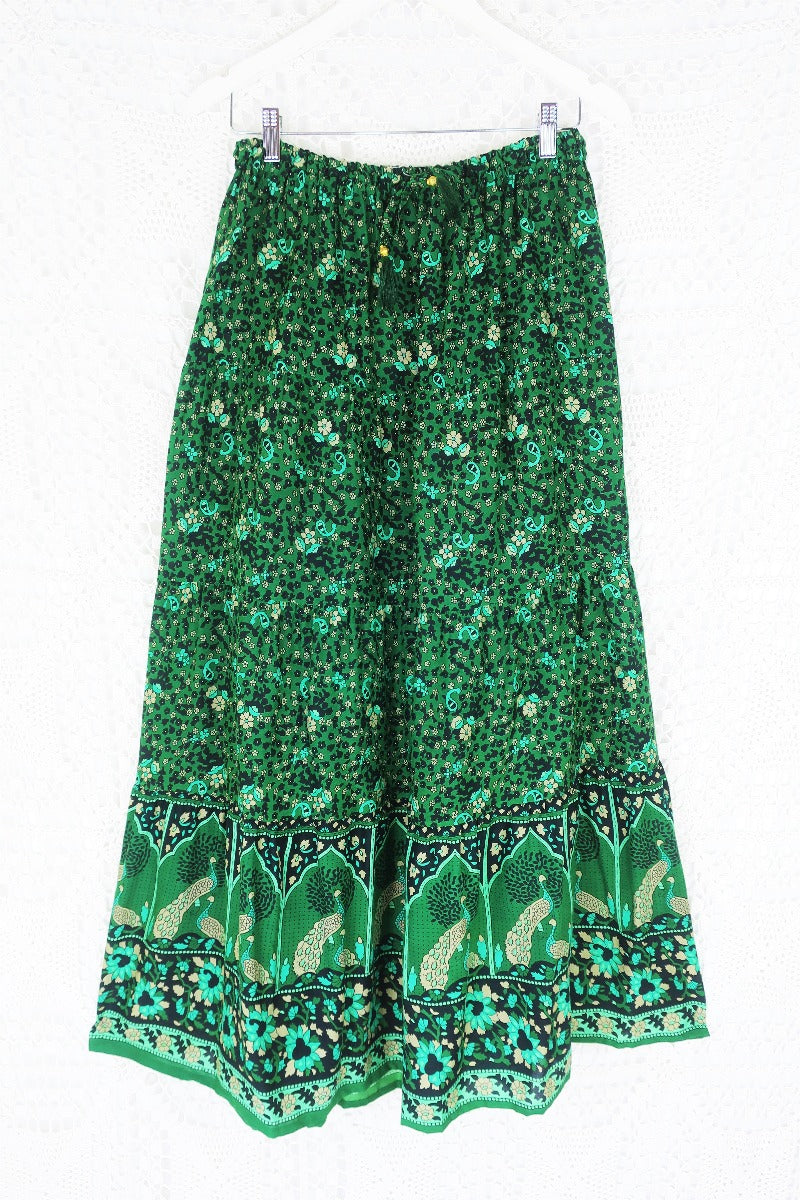 Peacock Prairie Bohemian Maxi Skirt - Forest Green Indian Rayon (Free Size) by All About Audrey