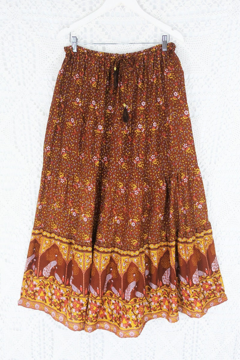 Peacock Prairie Bohemian Maxi Skirt - Gingerbread Indian Rayon (Free Size) by All About Audrey