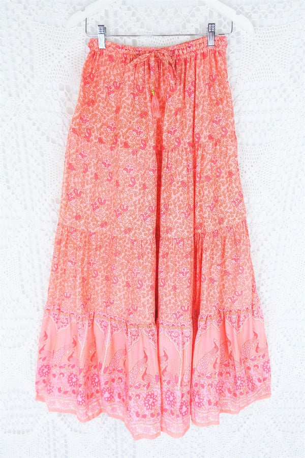 peacock prairie bohemian tiered maxi skirt in peachy rose pink indian printed rayon