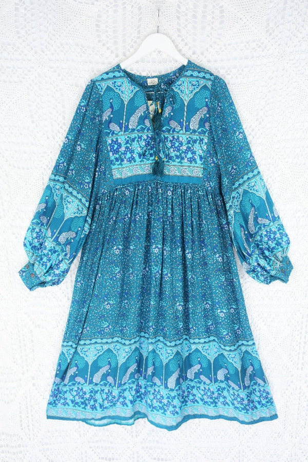 Peacock Primrose Bohemian Balloon Sleeve Midi Dress - Ocean & Indigo Rayon - ALL SIZES by All About Audrey