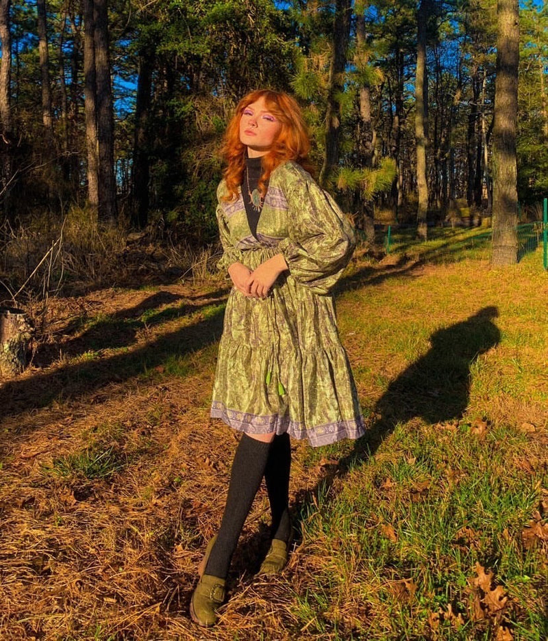 Gypsophila Mini Dress - Vintage Indian Sari - Green, Navy & Gold - Free Size