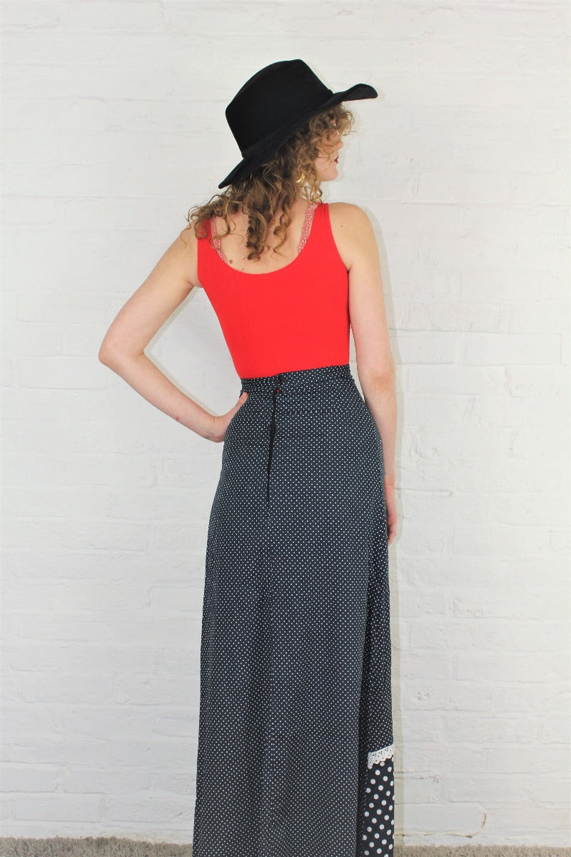 Vintage High Waisted Maxi Skirt - Black & Scarlet Polka Dot Applique - Size XXS all about audrey