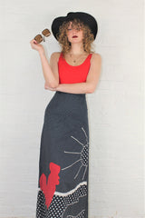 Vintage High Waisted Maxi Skirt - Black & Scarlet Polka Dot Applique - Size XXS all about audrey