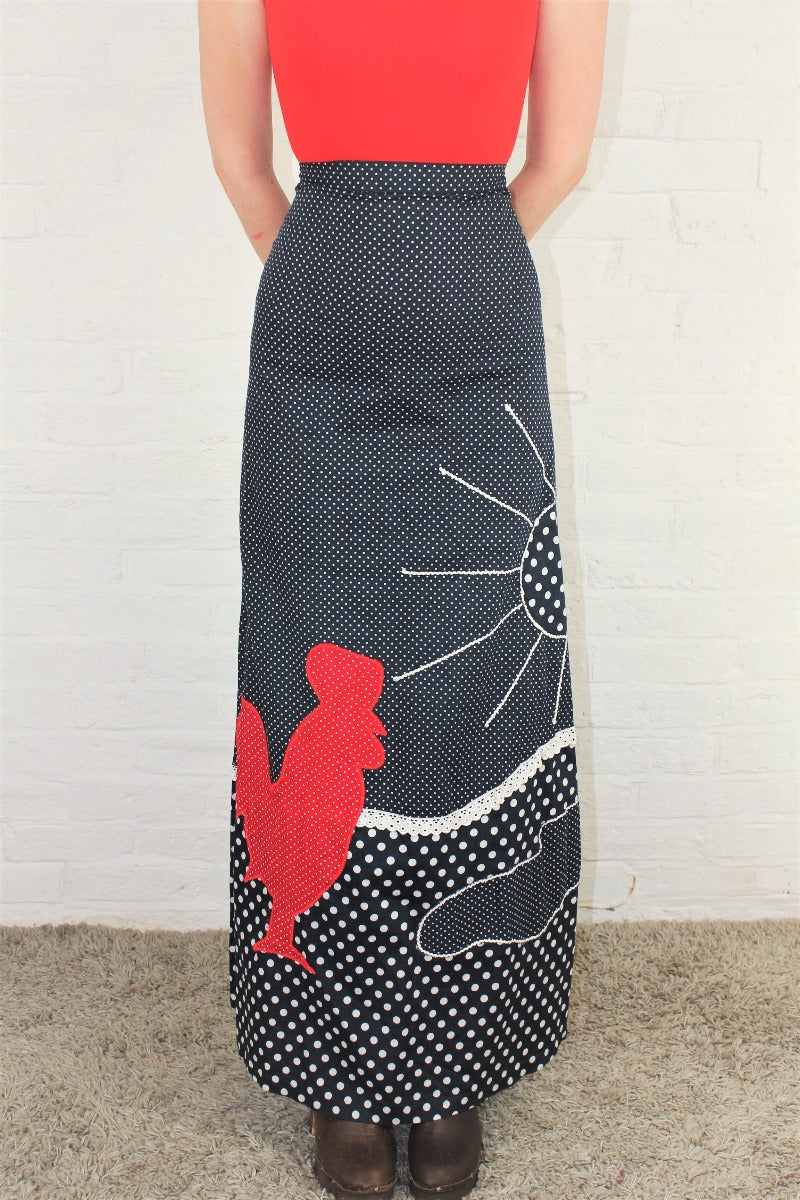 Vintage High Waisted Maxi Skirt - Black & Scarlet Polka Dot Applique - Size XXS all about audrey