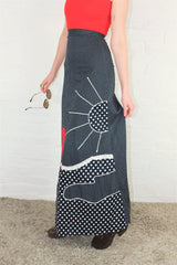 Vintage High Waisted Maxi Skirt - Black & Scarlet Polka Dot Applique - Size XXS all about audrey