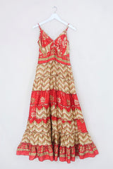Delilah Maxi Dress - Scarlet Red Gold Chevron - Vintage Sari - Free Size L By All About Audrey