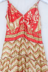 Delilah Maxi Dress - Scarlet Red Gold Chevron - Vintage Sari - Free Size L By All About Audrey
