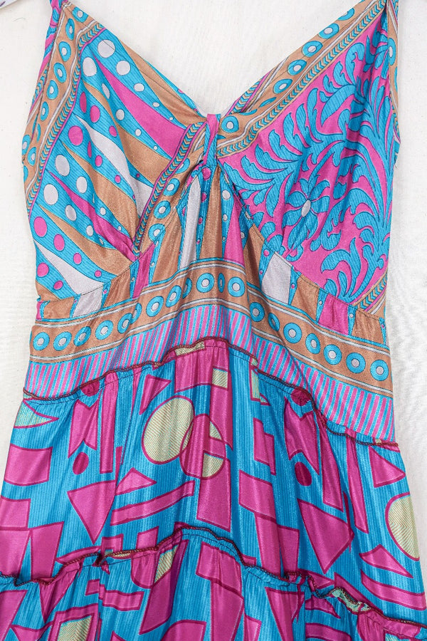 Delilah Maxi Dress - Retro Teal & Rouge Geometric Print - Vintage Sari - Free Size L By All About Audrey