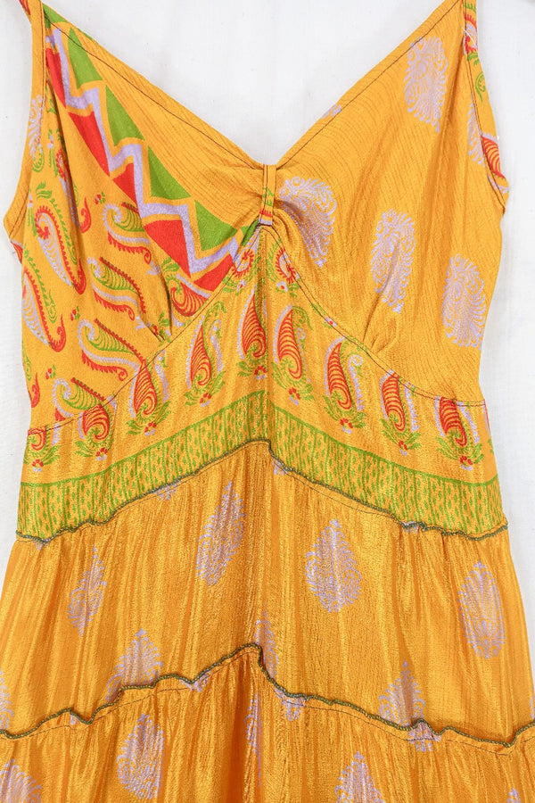 Delilah Maxi Dress - Sunny Yellow Motif - Vintage Sari - Free Size L By All About Audrey