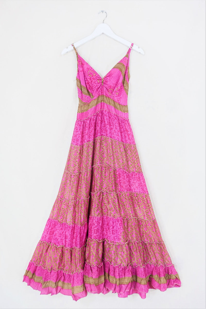 Delilah Maxi Dress - Barbie Pink & Bronze Patchwork - Vintage Sari - Free Size M/L By All About Audrey