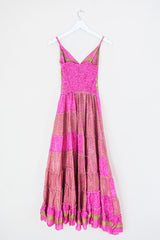 Delilah Maxi Dress - Barbie Pink & Bronze Patchwork - Vintage Sari - Free Size M/L By All About Audrey
