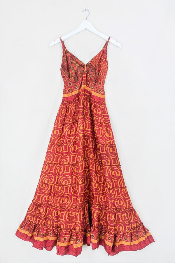 Delilah Maxi Dress - Rose Red & Amber Abstract - Vintage Sari - Free Size S/M By All About Audrey