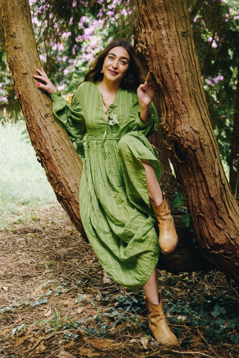 Primrose Boho Cotton Smock Dress in Citrus Green