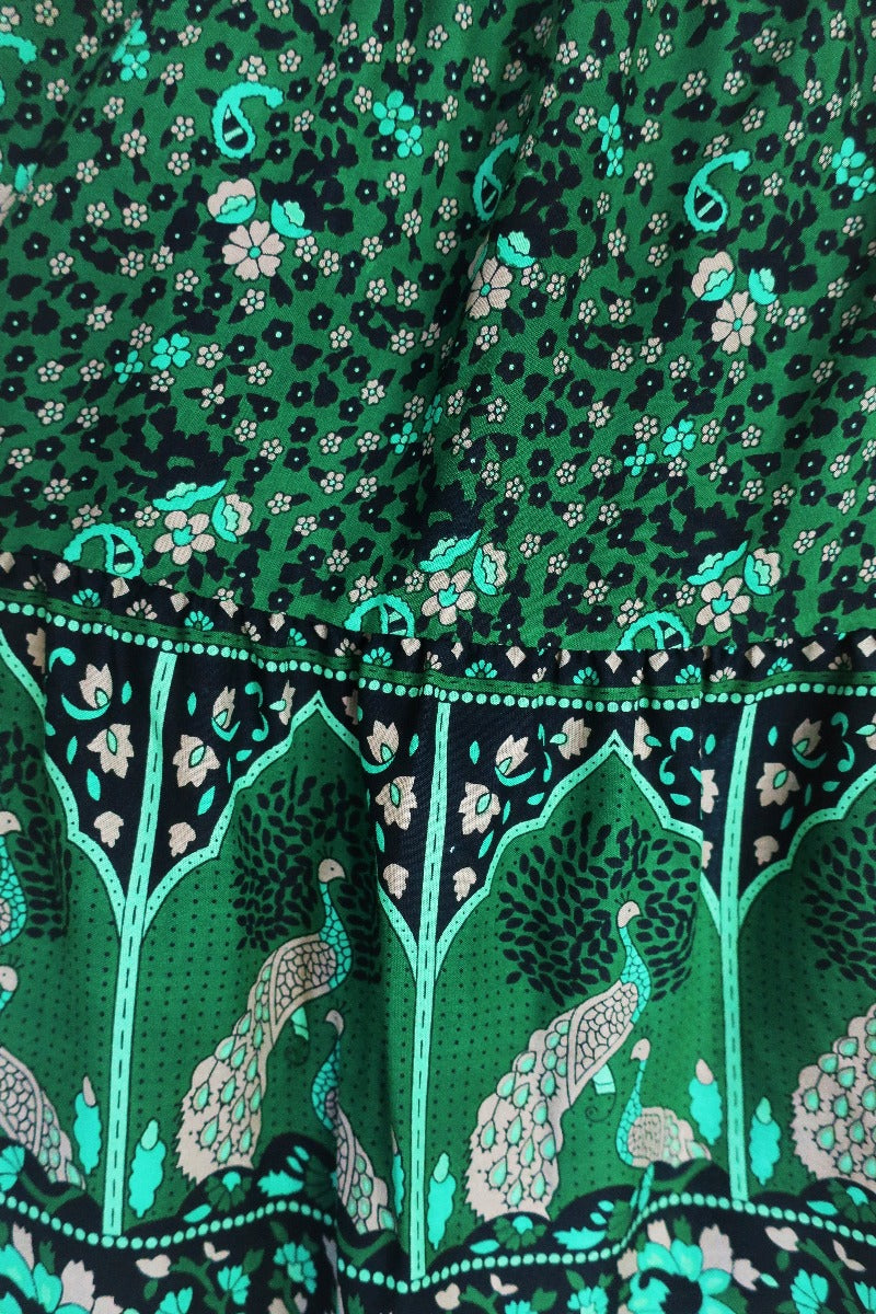 Peacock Prairie Bohemian Maxi Skirt - Forest Green Indian Rayon (Free Size) by All About Audrey