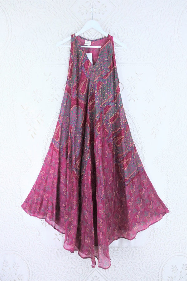 Siren Maxi Dress - Raspberry Pink & Jade Paisley - Vintage Indian Silk - XS-M/L By All About Audrey