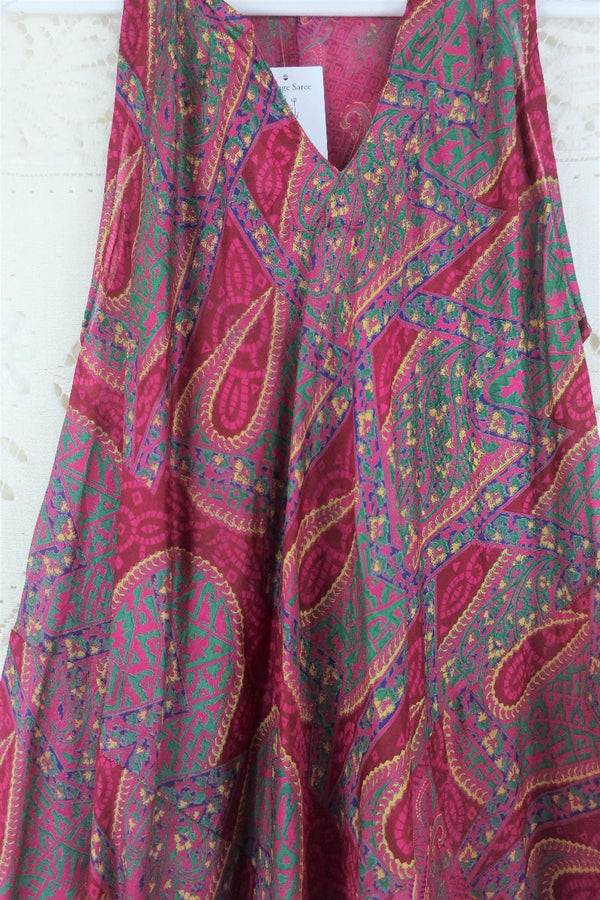 Siren Maxi Dress - Raspberry Pink & Jade Paisley - Vintage Indian Silk - XS-M/L By All About Audrey