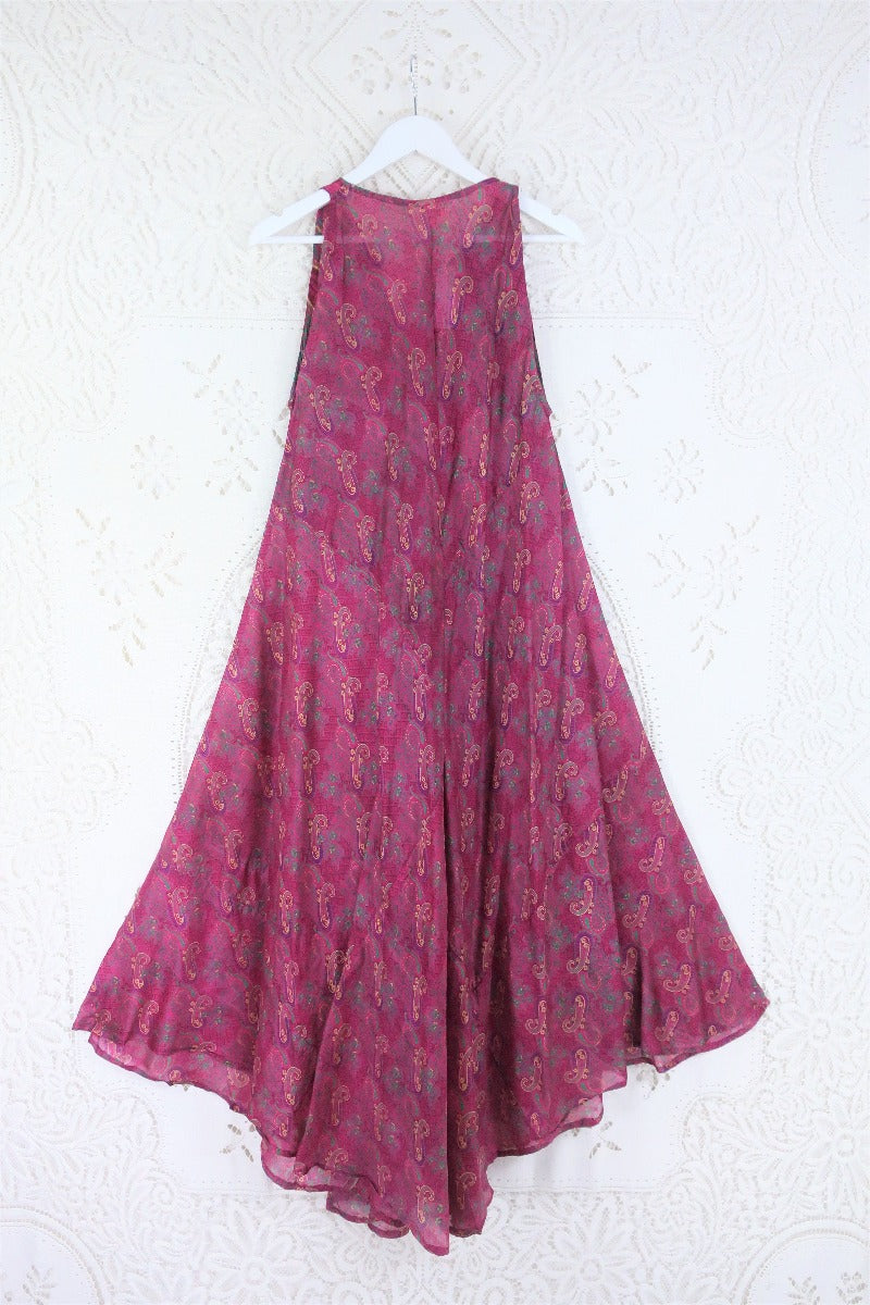 Siren Maxi Dress - Raspberry Pink & Jade Paisley - Vintage Indian Silk - XS-M/L By All About Audrey