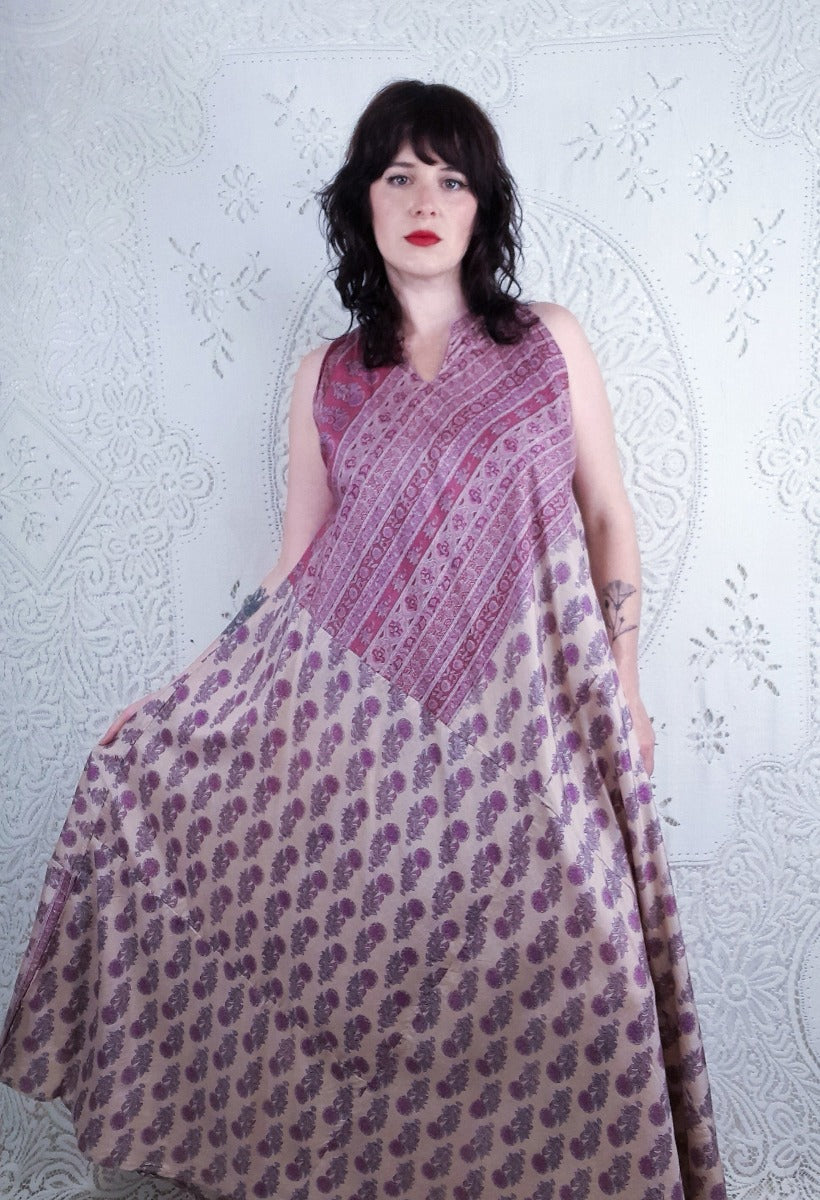 Siren Maxi Dress - Rosehip & Ivory Wildflower Block Print - Vintage Indian Silk - XS-M/L By All About Audrey