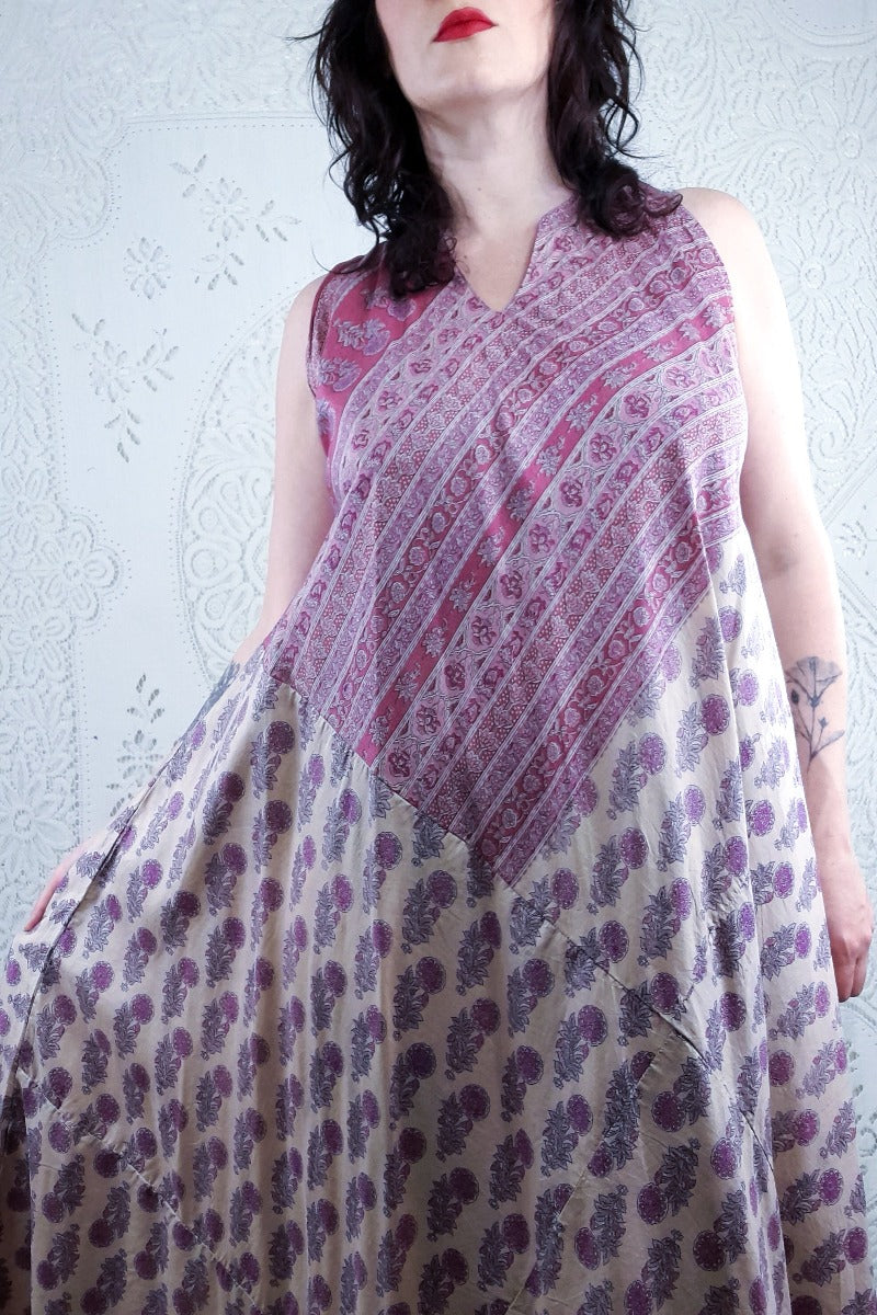 Siren Maxi Dress - Rosehip & Ivory Wildflower Block Print - Vintage Indian Silk - XS-M/L By All About Audrey