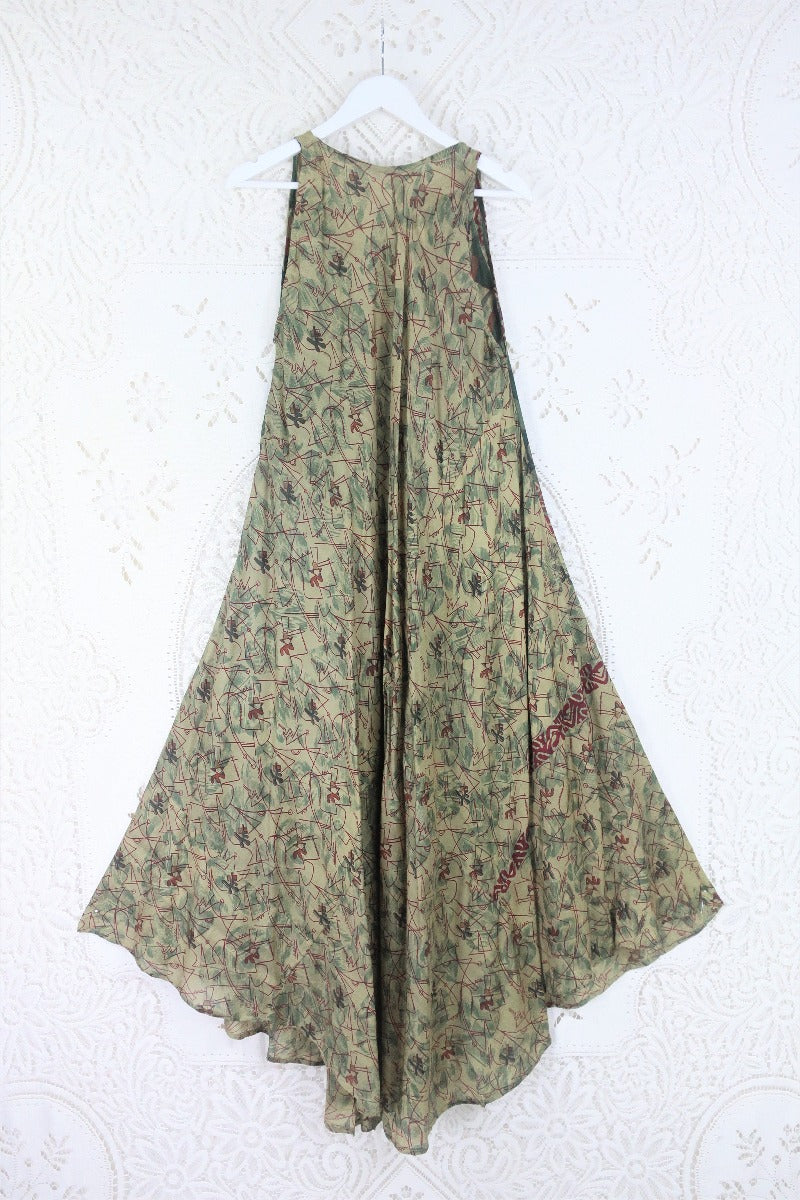 Siren Maxi Dress - Pine, Beige & Rust Geometric Print - Vintage Indian Silk - XS-M/L By All About Audrey