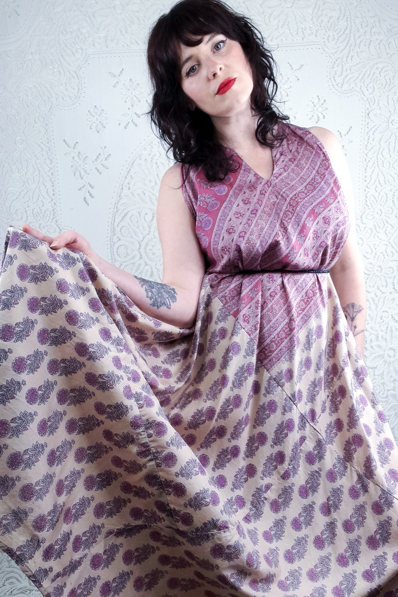 Siren Maxi Dress - Rosehip & Ivory Wildflower Block Print - Vintage Indian Silk - XS-M/L By All About Audrey
