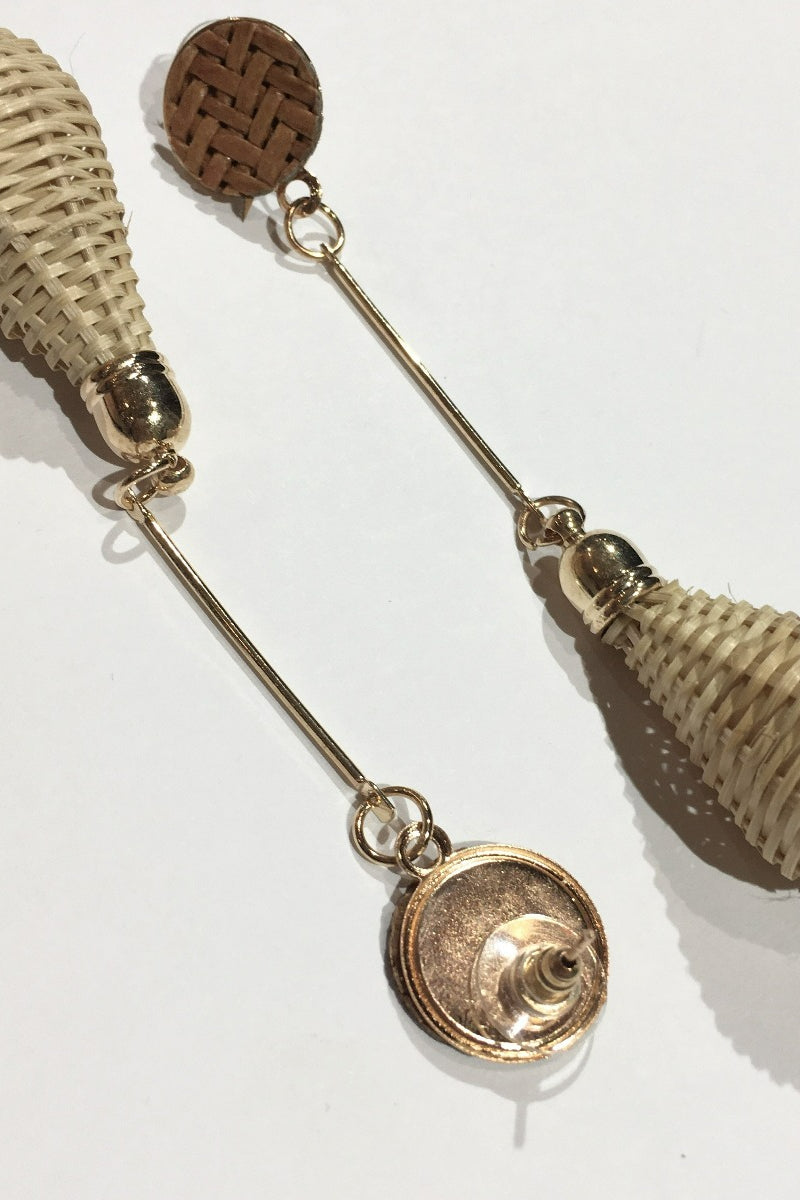 back view laid flat rattan brass earrings with round stud with long bar and teardrop shaped woven pendant from our collection of bohemian accessories and jewellery gift ideas by all about audrey