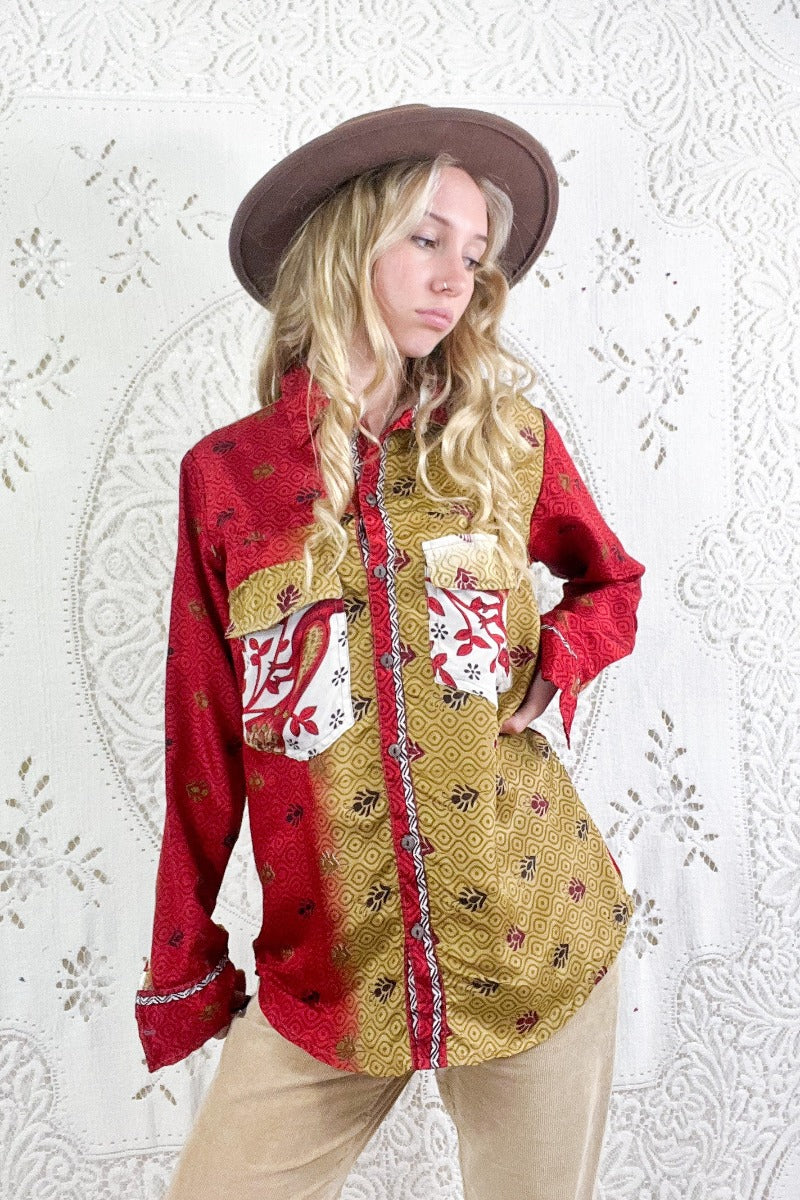 Clyde Shirt - Gold & Scarlet Red Bird Print - Vintage Indian Sari - S/M By All About Audrey