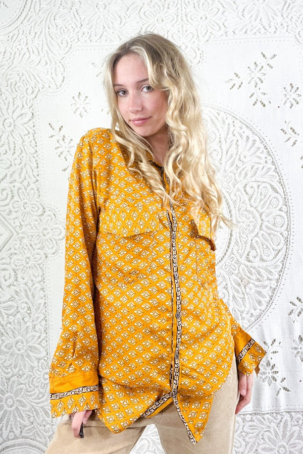 Clyde Shirt - White & Mustard Yellow Motif - Vintage Indian Sari - S/M All About Audrey