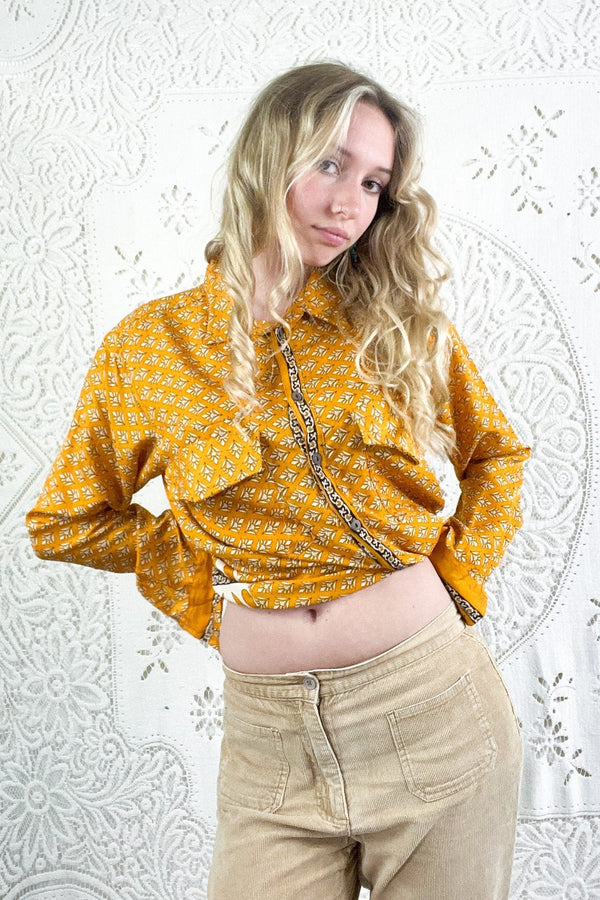 Clyde Shirt - White & Mustard Yellow Motif - Vintage Indian Sari - S/M All About Audrey