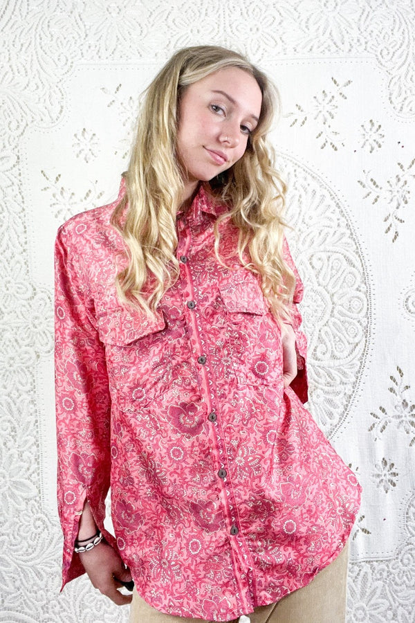 Clyde Shirt - Rose Pink & Champagne Jacquard - Vintage Indian Sari - S/M By All About Audrey