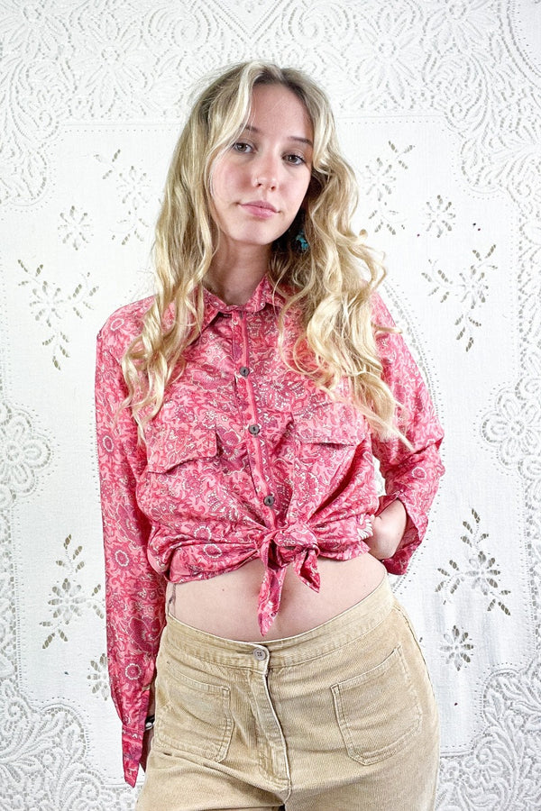 Clyde Shirt - Rose Pink & Champagne Jacquard - Vintage Indian Sari - S/M By All About Audrey