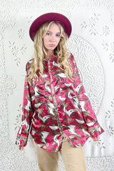 Clyde Shirt - Glam Rock Pink & Jet Paisley - Vintage Indian Sari - M/L By All About Audrey