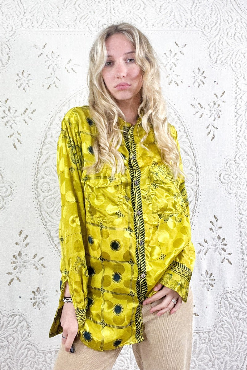 Clyde Shirt - Chartreuse Sunflower Floral - Vintage Indian Sari - S/M By All About Audrey