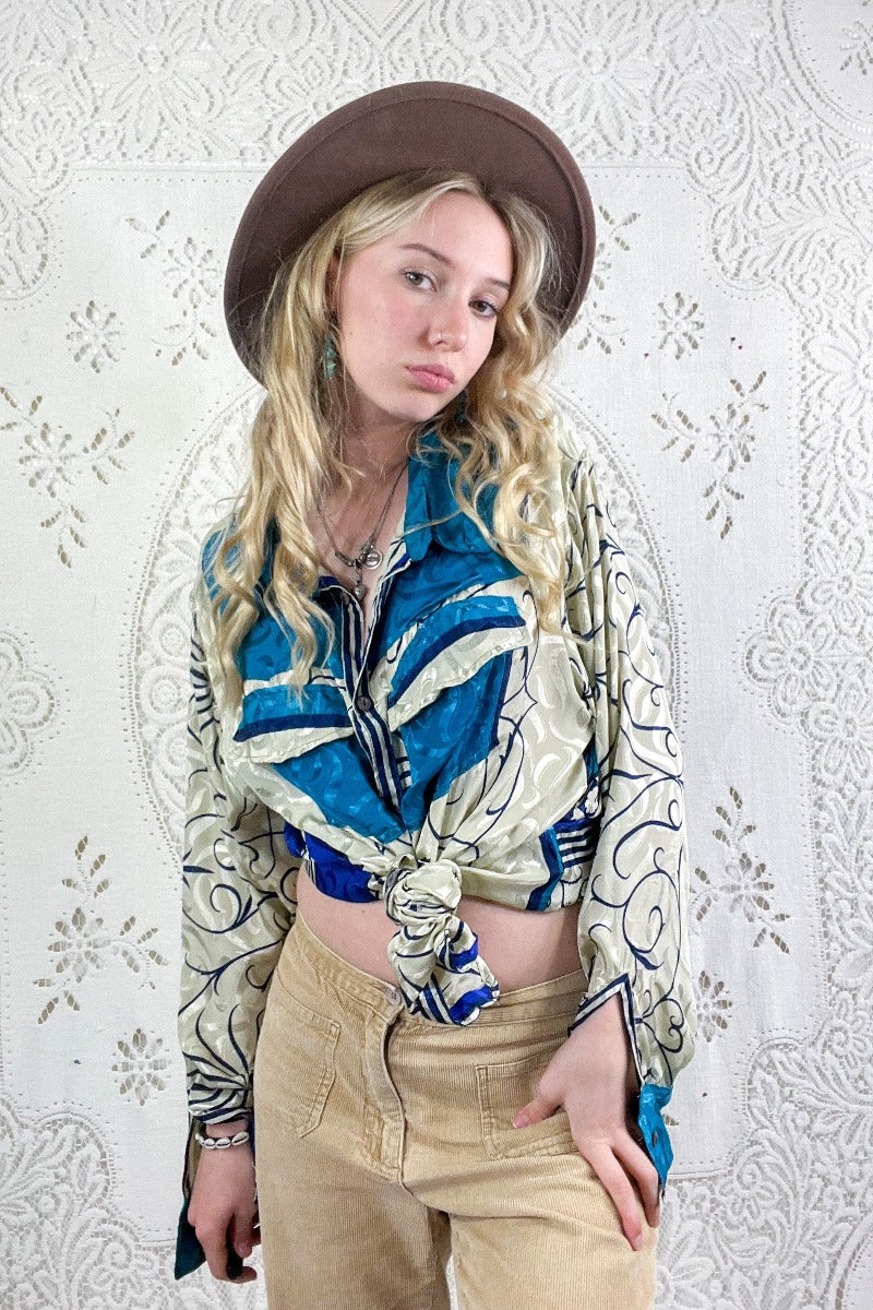 Clyde Shirt - Ivory, Teal & Indigo Shimmer - Vintage Indian Sari - Free Size XXL By All About Audrey