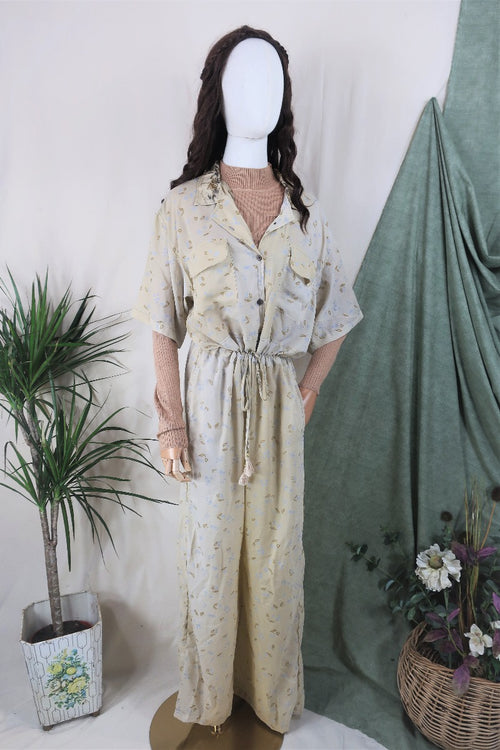 Billie Jumpsuit - Vintage Indian Sari - Pale Daffodil & Duck Egg Petals - XL By All About Audrey