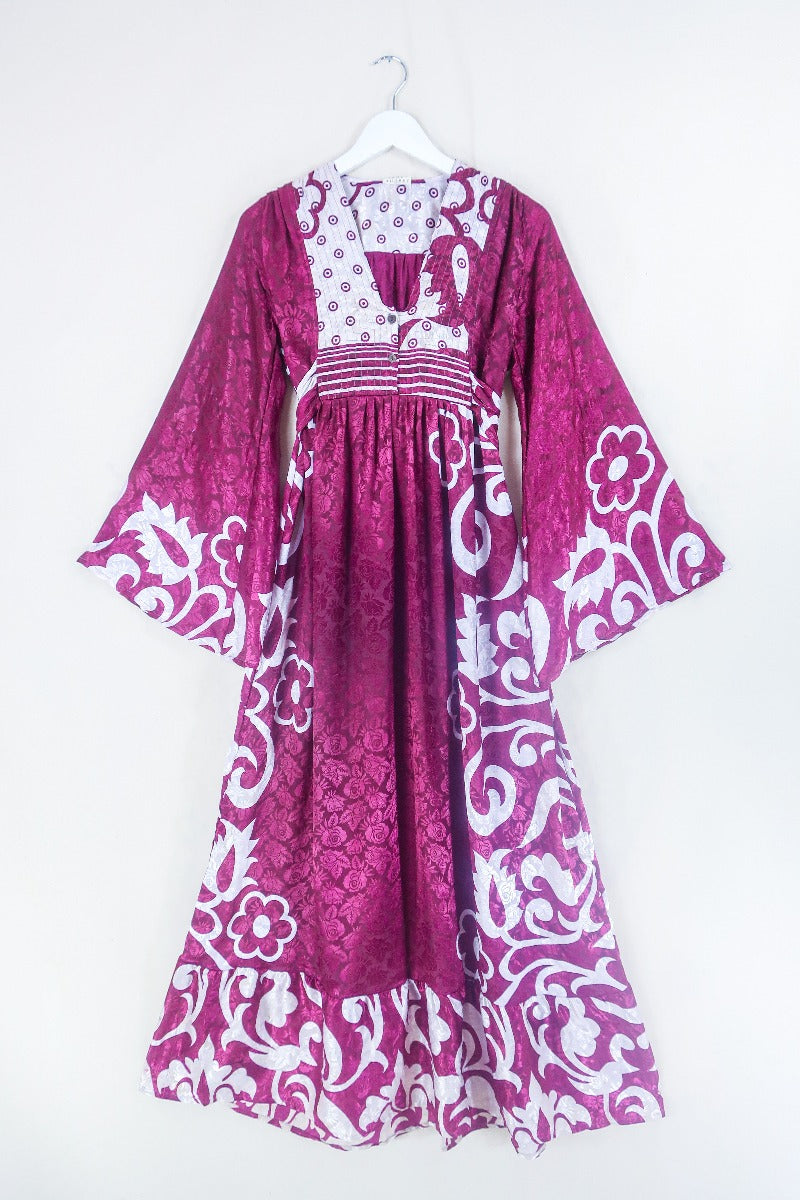 Lunar Maxi Dress - Vintage Sari - Wine and Ice Flora  - Size S/M. By All About Audrey. 
