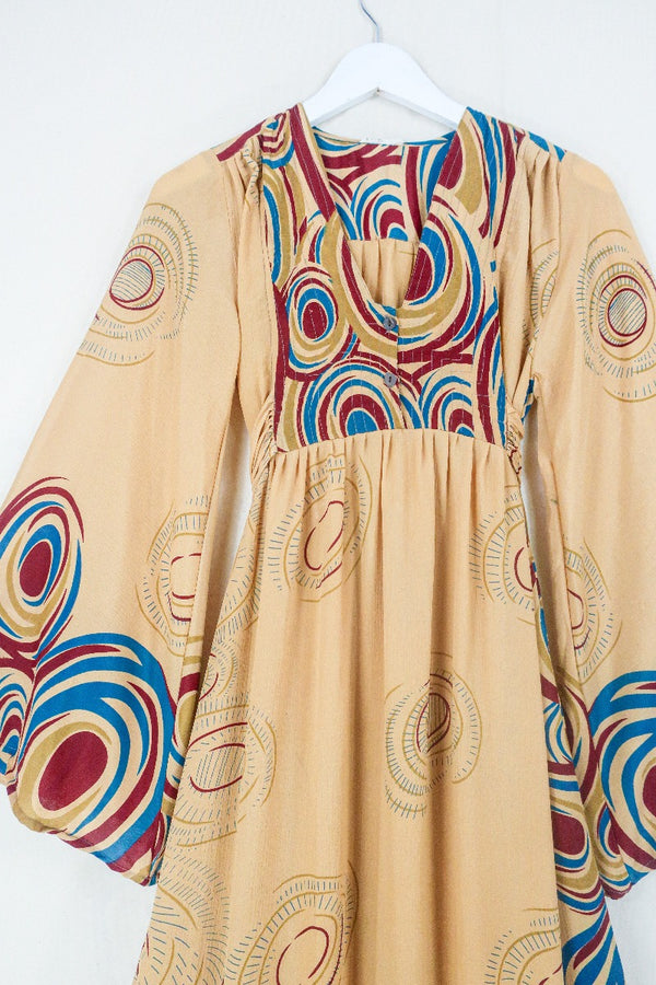 Lunar Maxi Dress - Vintage Sari - Camel and Teal Cinnamon swirl - Size S/M. By All About Audrey. 