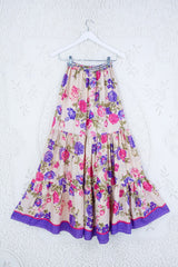 Rosie Maxi Skirt - Vintage Sari - Antique White, Violet & Pink Rose Floral - XS - M By All About Audrey
