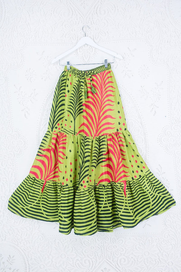 Rosie Maxi Skirt - Vintage Sari - Tropical Lime & Flamingo Pink Ferns - XS- S/M By All About Audrey