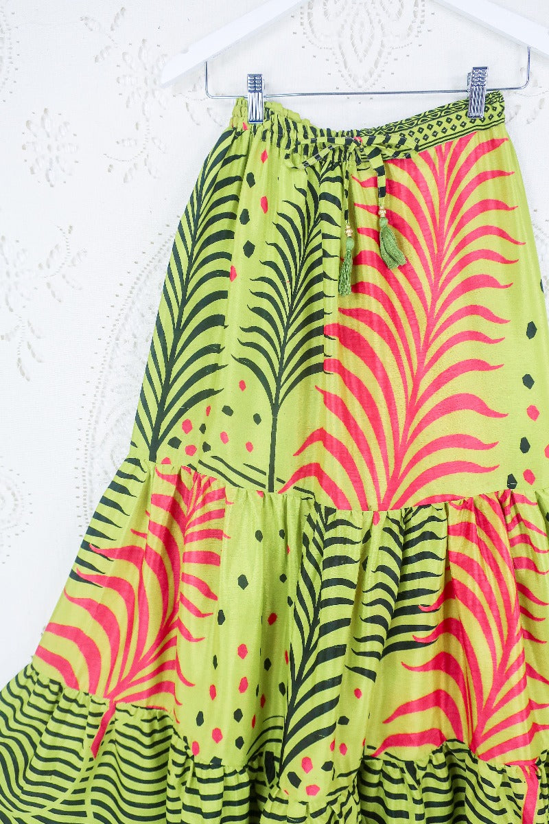 Rosie Maxi Skirt - Vintage Sari - Tropical Lime & Flamingo Pink Ferns - XS- S/M By All About Audrey