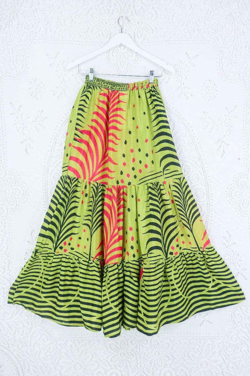 Rosie Maxi Skirt - Vintage Sari - Tropical Lime & Flamingo Pink Ferns - XS- S/M By All About Audrey