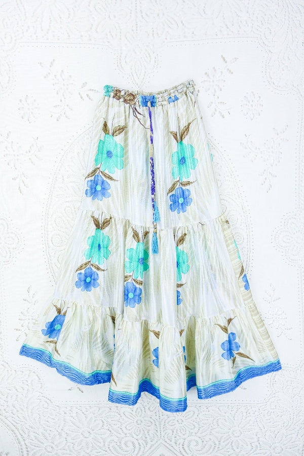 Rosie Maxi Skirt - Vintage Sari - Pearl White, Seafoam Sky Blue Floral - XS - M By All About Audrey